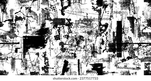Glitch distorted grungy abstract pattern . Halftone dots seamless pattern texture. Grange shapes .Grunge textured . Vector shapes with half tone dots .Screen print endless pattern texture