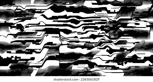 Glitch distorsionó las líneas de tecnología abstractas y poco fiables. Líneas brillantes textura de patrón sin fisuras. Formas negras. Grunge texturado. Rayas vectoriales.Textura de patrón interminable de impresión de pantalla