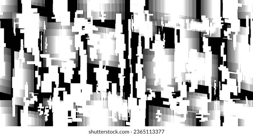 Glitch distorsionó las líneas de tecnología abstractas y poco fiables. Líneas brillantes textura de patrón sin fisuras. Formas negras. Grunge texturado. Rayas vectoriales.Textura de patrón interminable de impresión de pantalla