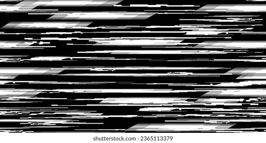 Glitch distorsionó las líneas de tecnología abstractas y poco fiables. Líneas brillantes textura de patrón sin fisuras. Formas negras. Grunge texturado. Rayas vectoriales.Textura de patrón interminable de impresión de pantalla
