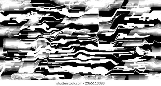 Glitch distorsionó las líneas de tecnología abstractas y poco fiables. Líneas brillantes textura de patrón sin fisuras. Formas negras. Grunge texturado. Rayas vectoriales.Textura de patrón interminable de impresión de pantalla