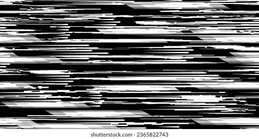 Glitch distorsionó las líneas de tecnología abstractas y poco fiables. Líneas brillantes textura de patrón sin fisuras. Formas negras. Grunge texturado. Rayas vectoriales.Textura de patrón interminable de impresión de pantalla