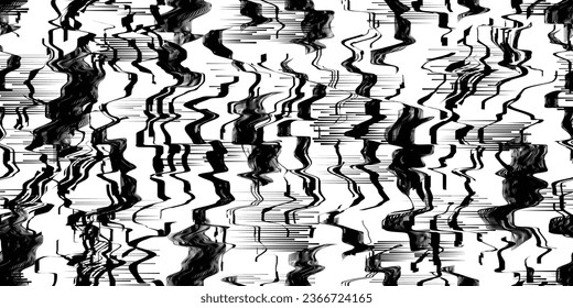 Glitch distorsionó las líneas de tecnología abstractas y poco fiables. Líneas brillantes textura de patrón sin fisuras. Formas negras. Grunge texturado. Rayas vectoriales.Textura de patrón interminable de impresión de pantalla