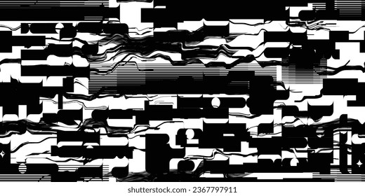 Glitch distorsionó las líneas de tecnología abstractas y poco fiables. Líneas brillantes textura de patrón sin fisuras. Formas negras. Grunge texturado. Rayas vectoriales.Textura de patrón interminable de impresión de pantalla