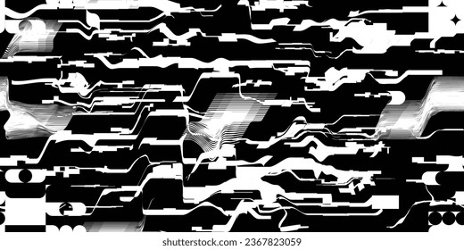 Glitch distorted grungy abstract technology lines . Glitched lines seamless pattern texture. Grange shapes .Grunge textured . Vector stripes.Screen print endless pattern texture