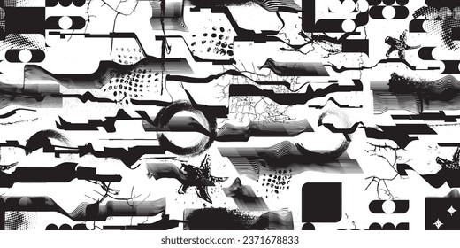 Glitch distorted grungy abstract technology lines . Glitched lines seamless pattern texture. Grange shapes .Grunge textured . Vector stripes.Screen print endless pattern texture