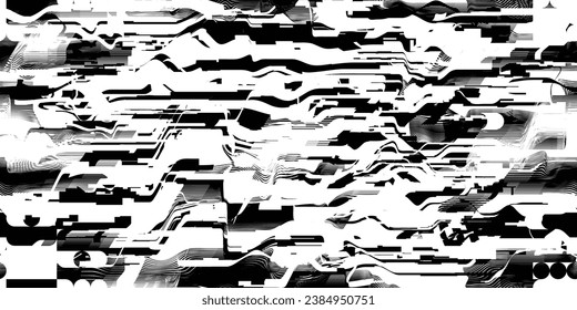 Glitch distorted grungy abstract technology lines . Glitched lines seamless pattern texture. Grange shapes .Grunge textured . Vector stripes.Screen print endless pattern texture