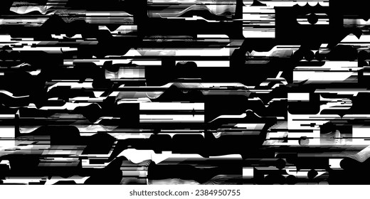 Glitch distorsionó las líneas de tecnología abstractas y poco fiables. Líneas brillantes textura de patrón sin fisuras. Formas negras. Grunge texturado. Rayas vectoriales.Textura de patrón interminable de impresión de pantalla