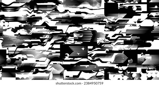 Glitch distorted grungy abstract technology lines . Glitched lines seamless pattern texture. Grange shapes .Grunge textured . Vector stripes.Screen print endless pattern texture