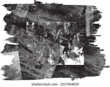 Glitch distorted grungy banner . Noise destroyed background . Trendy defect overlay texture . Glitched collage .Grunge textured . Distressed effect .Vector shape.  halftone dots . Screen print texture