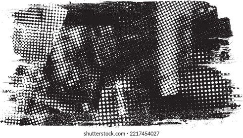 Glitch distorted grungy banner . Noise destroyed background . Trendy defect overlay texture . Glitched collage .Grunge textured . Distressed effect .Vector shape.  halftone dots . Screen print texture
