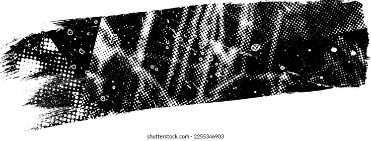 Glitch distorted grungy banner . Noise destroyed background . Trendy defect overlay texture . Glitched collage .Grunge textured . Distressed effect .Vector shape.  halftone dots . Screen print texture