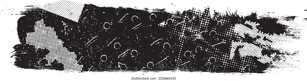 Glitch distorted grungy banner . Noise destroyed background . Trendy defect overlay texture . Glitched collage .Grunge textured . Distressed effect .Vector shape.  halftone dots . Screen print texture