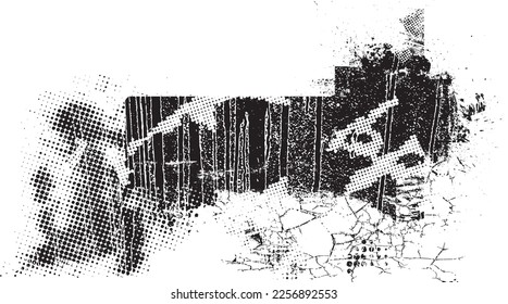 Glitch distorted grungy banner . Noise destroyed background . Trendy defect overlay texture . Glitched collage .Grunge textured . Distressed effect .Vector shape.  halftone dots . Screen print texture