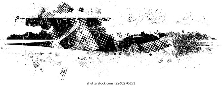 Glitch distorted grungy banner . Noise destroyed background . Trendy defect overlay texture . Glitched collage .Grunge textured . Distressed effect .Vector shape.  halftone dots . Screen print texture