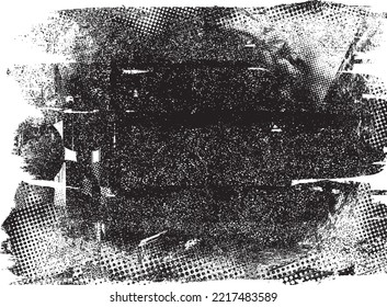 Glitch distorted grungy isolated banner . Design element for brochure, social media, posters, flyers. Overlay texture.Textured banner with Distress effect .Vector halftone dots . Screen print texture