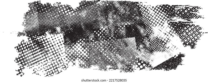 Glitch distorted grungy isolated banner . Design element for brochure, social media, posters, flyers. Overlay texture.Textured banner with Distress effect .Vector halftone dots . Screen print texture