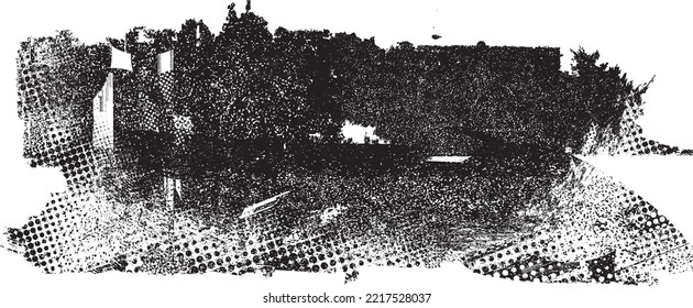 Glitch distorted grungy isolated banner . Design element for brochure, social media, posters, flyers. Overlay texture.Textured banner with Distress effect .Vector halftone dots . Screen print texture