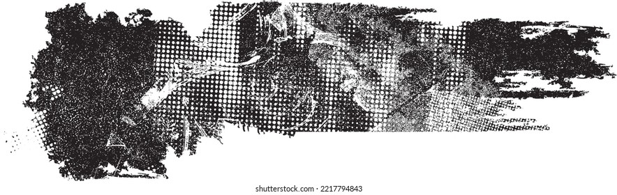 Glitch distorted grungy isolated banner . Design element for brochure, social media, posters, flyers. Overlay texture.Textured banner with Distress effect .Vector halftone dots . Screen print texture