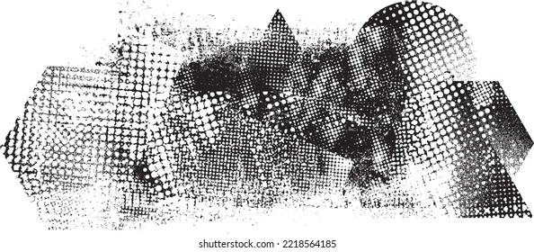 Glitch distorted grungy isolated banner . Design element for brochure, social media, posters, flyers. Overlay texture.Textured banner with Distress effect .Vector halftone dots . Screen print texture