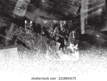Glitch distorted grungy isolated banner . Design element for brochure, social media, posters, flyers. Overlay texture.Textured banner with Distress effect .Vector halftone dots . Screen print texture