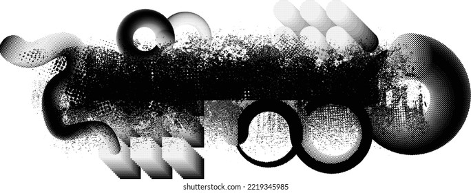 Glitch distorted grungy isolated banner . Design element for brochure, social media, posters, flyers. Overlay texture.Textured banner with Distress effect .Vector halftone dots . Screen print texture