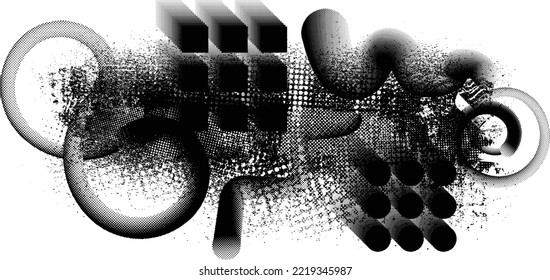 Glitch distorted grungy isolated banner . Design element for brochure, social media, posters, flyers. Overlay texture.Textured banner with Distress effect .Vector halftone dots . Screen print texture