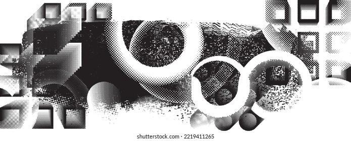 Glitch distorted grungy isolated banner . Design element for brochure, social media, posters, flyers. Overlay texture.Textured banner with Distress effect .Vector halftone dots . Screen print texture