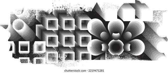 Glitch distorted grungy isolated banner . Design element for brochure, social media, posters, flyers. Overlay texture.Textured banner with Distress effect .Vector halftone dots . Screen print texture