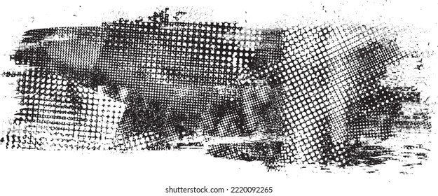 Glitch distorted grungy isolated banner . Design element for brochure, social media, posters, flyers. Overlay texture.Textured banner with Distress effect .Vector halftone dots . Screen print texture