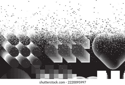 Glitch distorted grungy isolated banner . Design element for brochure, social media, posters, flyers. Overlay texture.Textured banner with Distress effect .Vector halftone dots . Screen print texture
