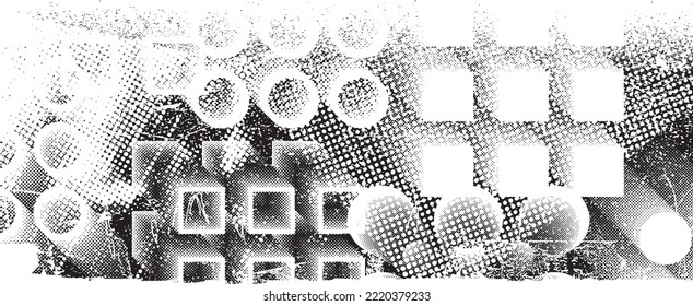 Glitch distorted grungy isolated banner . Design element for brochure, social media, posters, flyers. Overlay texture.Textured banner with Distress effect .Vector halftone dots . Screen print texture