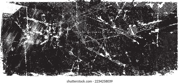 Glitch distorted grungy isolated banner . Design element for brochure, social media, posters, flyers. Overlay texture.Textured banner with Distress effect .Vector halftone dots . Screen print texture