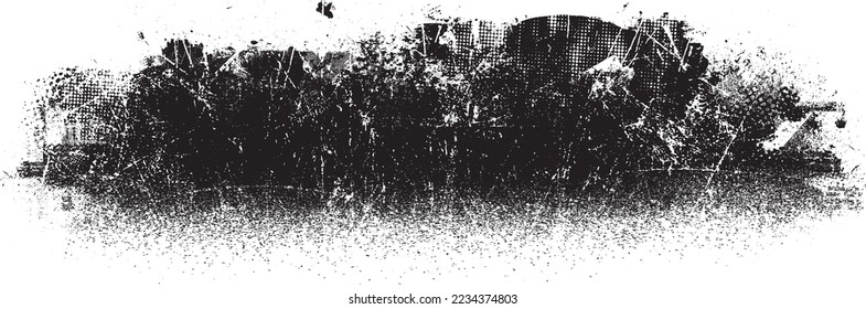 Glitch distorted grungy isolated banner . Design element for brochure, social media, posters, flyers. Overlay texture.Textured banner with Distress effect .Vector halftone dots . Screen print texture