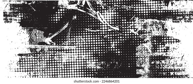 Glitch distorted grungy isolated banner . Design element for brochure, social media, posters, flyers. Overlay texture.Textured banner with Distress effect .Vector halftone dots . Screen print texture