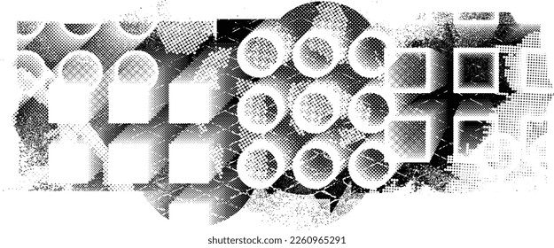 Glitch distorted grungy isolated banner . Design element for brochure, social media, posters, flyers. Overlay texture.Textured banner with Distress effect .Vector halftone dots . Screen print texture
