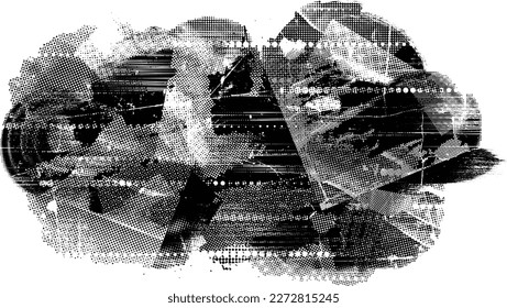 Glitch distorted grungy isolated banner . Design element for brochure, social media, posters, flyers. Overlay texture.Textured banner with Distress effect .Vector halftone dots . Screen print texture