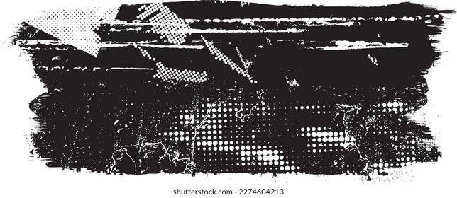 Glitch distorted grungy isolated banner . Design element for brochure, social media, posters, flyers. Overlay texture.Textured banner with Distress effect .Vector halftone dots . Screen print texture