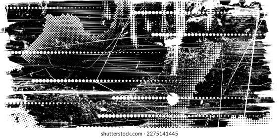 Glitch distorted grungy isolated banner . Design element for brochure, social media, posters, flyers. Overlay texture.Textured banner with Distress effect .Vector halftone dots . Screen print texture