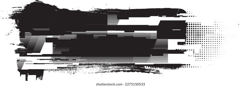 Glitch distorted grungy isolated banner . Design element for brochure, social media, posters, flyers. Overlay texture.Textured banner with Distress effect .Vector halftone dots . Screen print texture