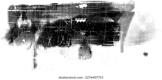 Glitch distorted grungy isolated banner . Design element for brochure, social media, posters, flyers. Overlay texture.Textured banner with Distress effect .Vector halftone dots . Screen print texture