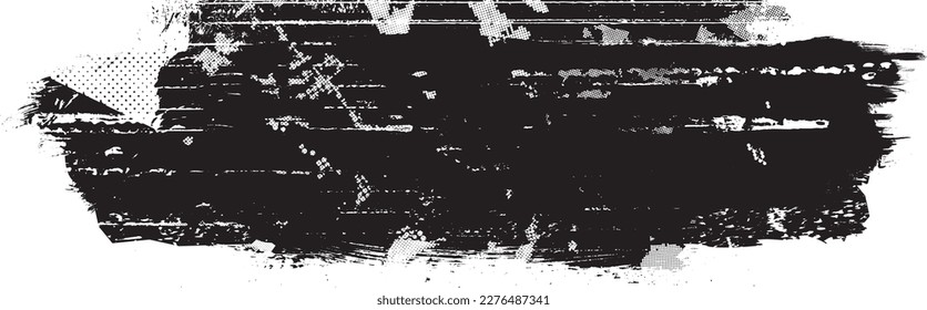 Glitch distorted grungy isolated banner . Design element for brochure, social media, posters, flyers. Overlay texture.Textured banner with Distress effect .Vector halftone dots . Screen print texture