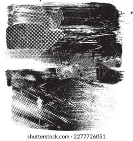 Glitch distorted grungy isolated banner . Design element for brochure, social media, posters, flyers. Overlay texture.Textured banner with Distress effect .Vector halftone dots . Screen print texture