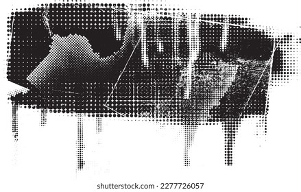Glitch distorted grungy isolated banner . Design element for brochure, social media, posters, flyers. Overlay texture.Textured banner with Distress effect .Vector halftone dots . Screen print texture