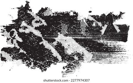 Glitch distorted grungy isolated banner . Design element for brochure, social media, posters, flyers. Overlay texture.Textured banner with Distress effect .Vector halftone dots . Screen print texture