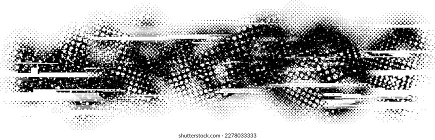 Glitch distorted grungy isolated banner . Design element for brochure, social media, posters, flyers. Overlay texture.Textured banner with Distress effect .Vector halftone dots . Screen print texture
