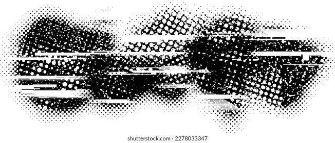 Glitch distorted grungy isolated banner . Design element for brochure, social media, posters, flyers. Overlay texture.Textured banner with Distress effect .Vector halftone dots . Screen print texture