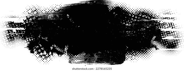 Glitch distorted grungy isolated banner . Design element for brochure, social media, posters, flyers. Overlay texture.Textured banner with Distress effect .Vector halftone dots . Screen print texture