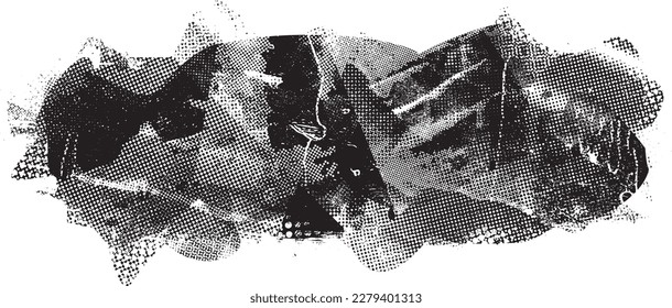Glitch distorted grungy isolated banner . Design element for brochure, social media, posters, flyers. Overlay texture.Textured banner with Distress effect .Vector halftone dots . Screen print texture