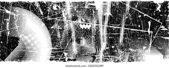 Glitch distorted grungy isolated banner . Design element for brochure, social media, posters, flyers. Overlay texture.Textured banner with Distress effect .Vector halftone dots . Screen print texture